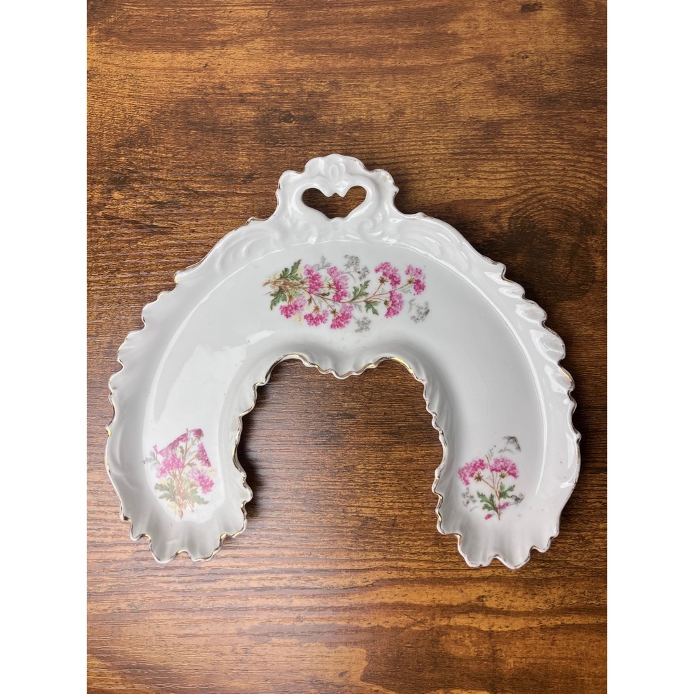 Vintage Porcelain Horseshoe Floral Dresser Tray Heart Handle Gold Trim 9"